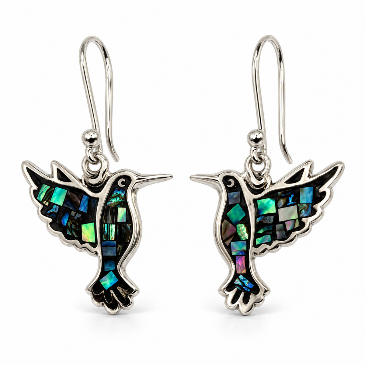 Vista principal de aretes de colibrí con mosaico